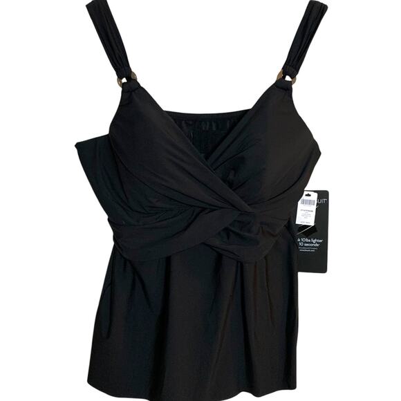 Miraclesuit Top NWT Women's Size 38DD Black Solid Plunge Tankini SwimTop - Picture 2 of 8